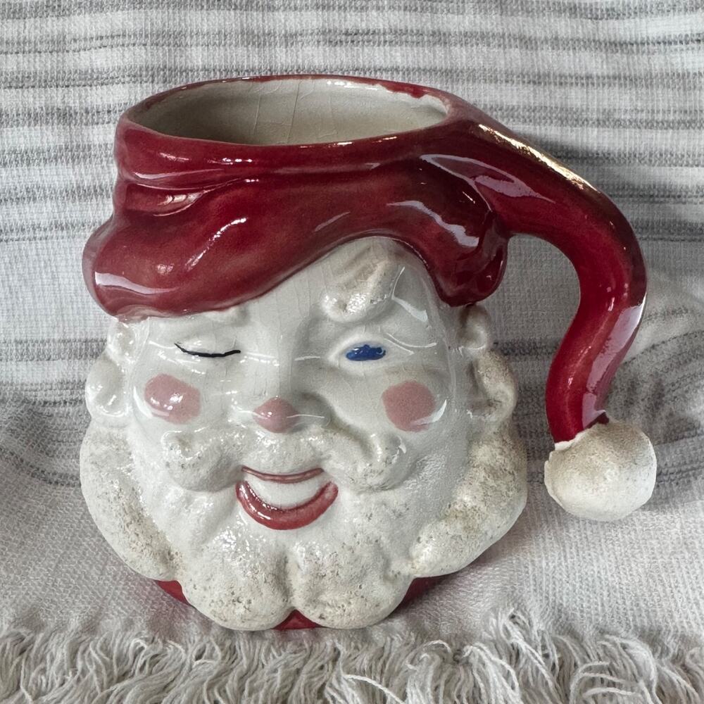Vintage Winking Santa Mug W/Red Handle Handmade Handpainted Retro Christmas 1967